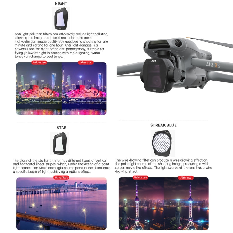 For DJI Air 3S JSR CB Series Drone Lens Filter, UV, CPL, ND8, ND16, ND32, ND64, ND8PL, ND16PL, ND32PL, ND64PL, NIGHT, STAR, Streak Drawing Blue, Adjustable CPL, 3 in 1 ND8/32/64, 4 in 1 CPL ND8/32/64, 4 in 1 ND8-64PL, 6 in 1 ND8-64 CPL STAR