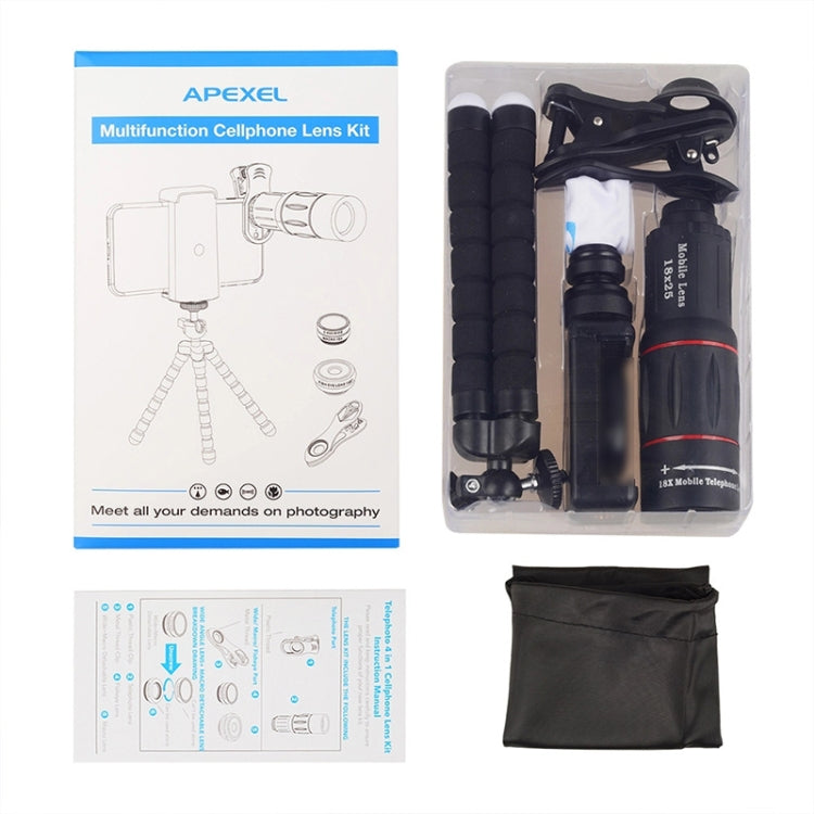 APEXEL APL-T18XBZJ5 4 in 1 18X Telescope + 0.63X Wide Lens + 198 Degrees Fisheye Lens + 15X Macro Lens Universal External Camera Phone Lens, APL-T18XBZJ5