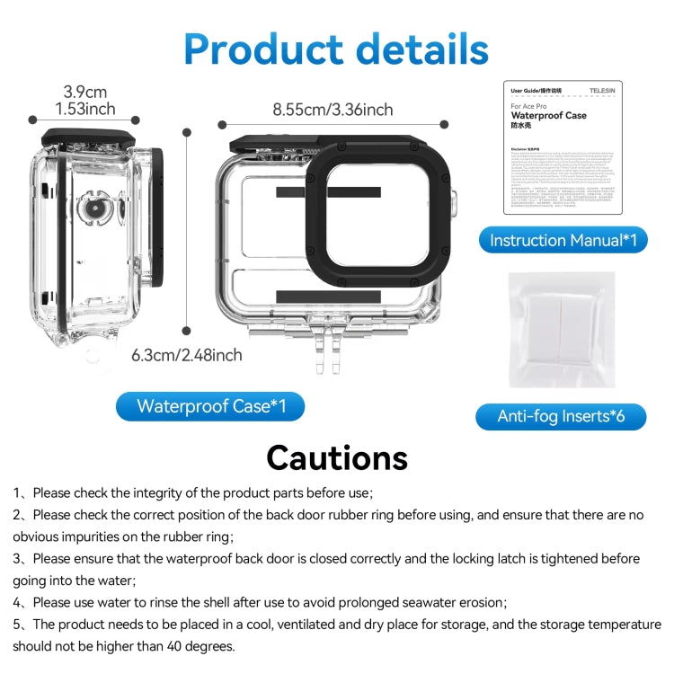 For Insta360 Ace Pro Camera TELESIN 45m Waterproof Case Underwater Diving Housing Cover, Waterproof Case