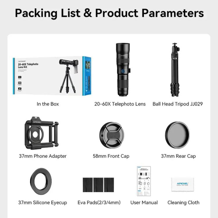 APEXEL TeleCular 3 20X-60X Zoom Lens Kit for Smartphones HD Super Telephoto Long-Range Shooting with Tripod Adapter, APL-T20-60XJJ029