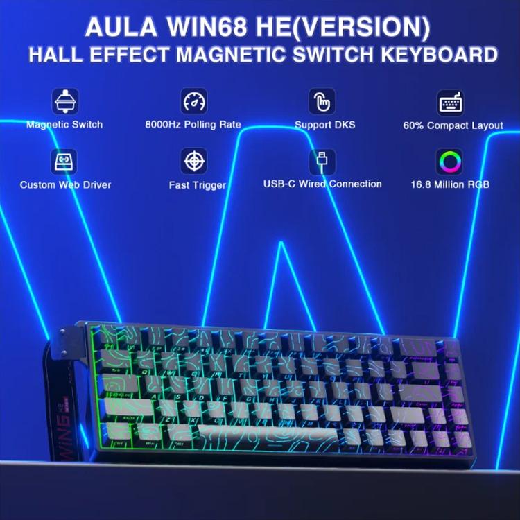 AULA WIN68HE Standard Version 68 Keys RGB Wired Keyboard, WIN68HE Black Contour Lines Grey Wood Magnetic Axis