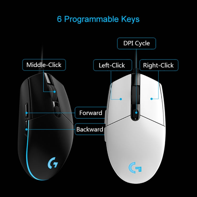 Logitech G102 6-keys RGB Glowing 6000DPI Five-speed Adjustable Wired Optical Gaming Mouse, Length: 2m, G102 (White), G102