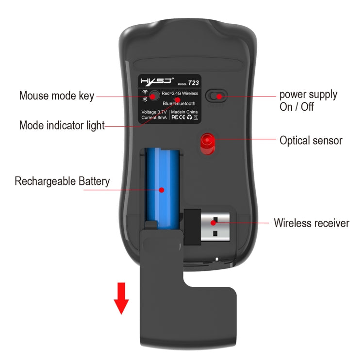 HXSJ T23 Bluetooth 5.0 + Bluetooth 3.0 + 2.4GHz Wireless Three Modes 4-Keys 1600 DPI Adjustable Ergonomics Optical Mouse, T23 Black, T23 Gold, T23 Blue