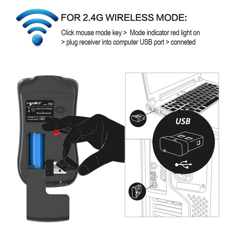 HXSJ T23 Bluetooth 5.0 + Bluetooth 3.0 + 2.4GHz Wireless Three Modes 4-Keys 1600 DPI Adjustable Ergonomics Optical Mouse, T23 Black, T23 Gold, T23 Blue