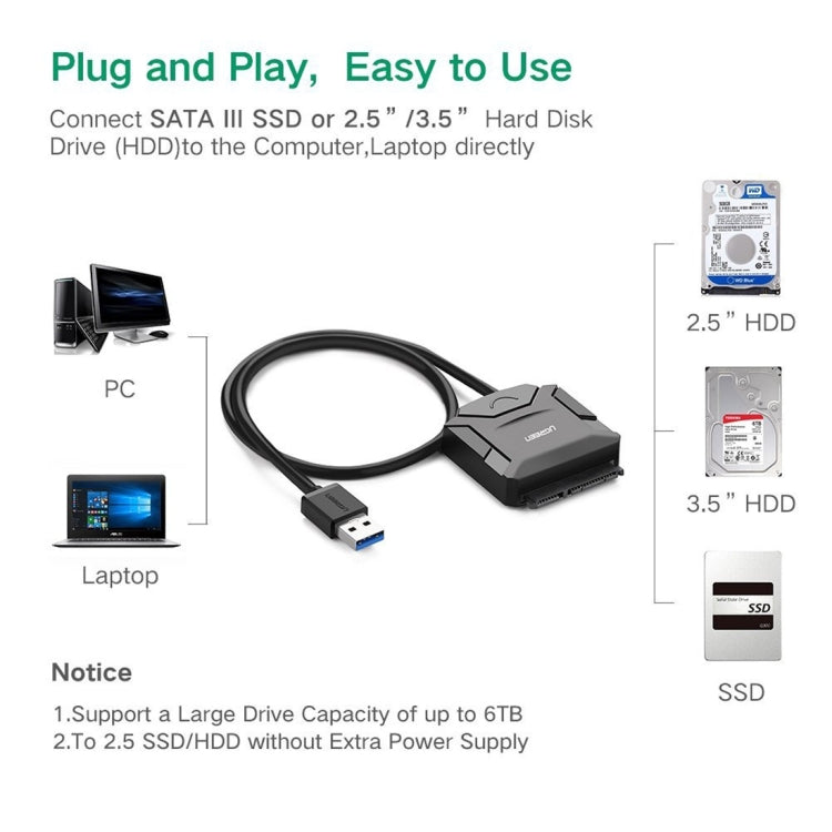 UGREEN USB 3.0 to SATA Adapter Cable Converter for 2.5 / 3.5 inch Hard Drive Disk HDD and SSD, Support UASP SATA 3.0, USB 3.0 to SATA