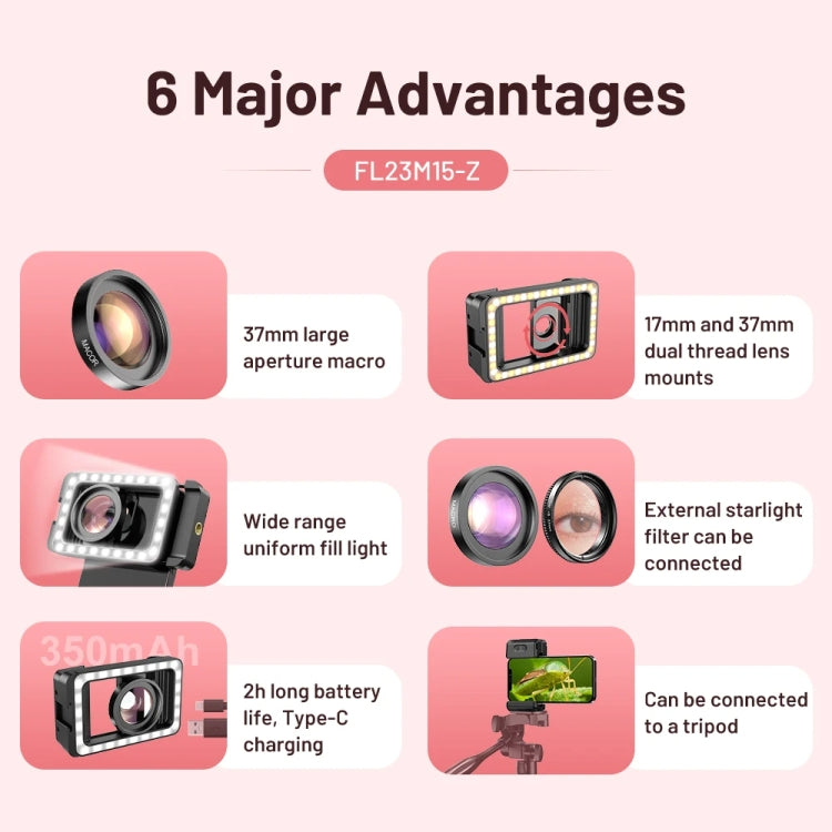 APEXEL 15X  Macro Lens With LED Fill Light Phone Holder Clamp, APL-FL23M15-Z