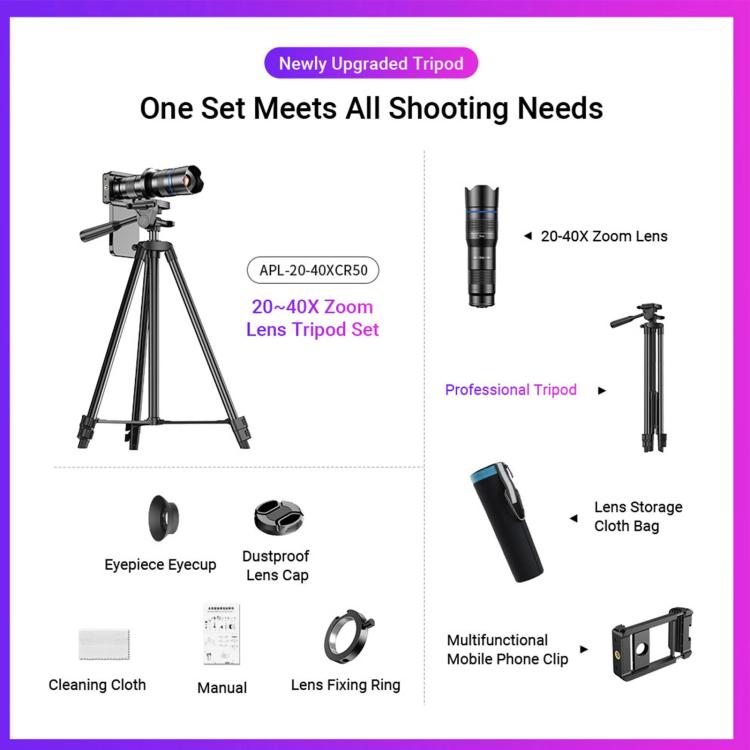 APEXEL APL-20-40XCR50 20-40X Phone Zoom Lens Kit with Adjustable 42-129cm Tripod HD Telephoto Lens for Moon, Concert Photography
