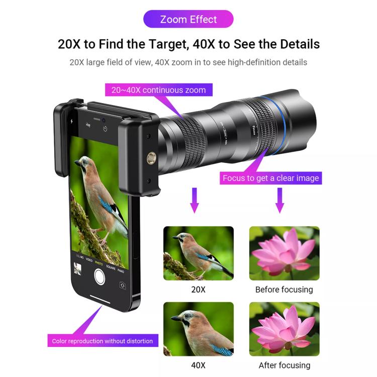 APEXEL APL-20-40XCR50 20-40X Phone Zoom Lens Kit with Adjustable 42-129cm Tripod HD Telephoto Lens for Moon, Concert Photography