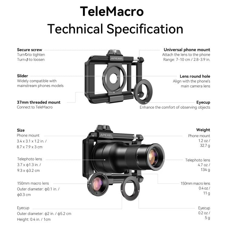 APEXEL APL-TM6 Portable 6X Telephoto Macro 2 In 1 Cell Phone Lens, APL-TM6