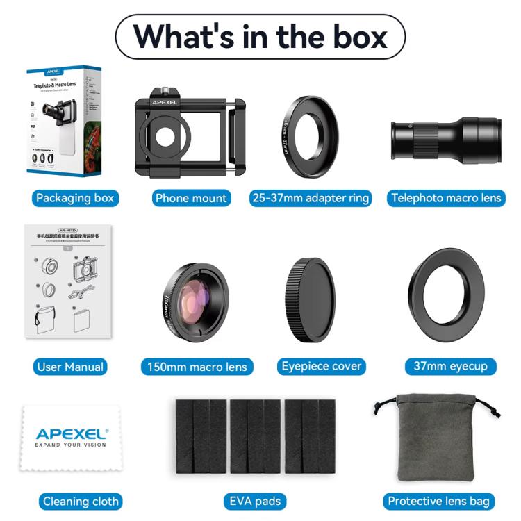 APEXEL APL-TM6 Portable 6X Telephoto Macro 2 In 1 Cell Phone Lens, APL-TM6