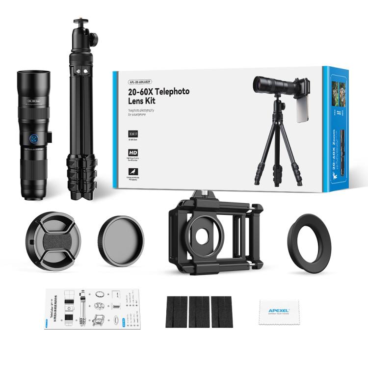APEXEL TeleCular 3 20X-60X Zoom Lens Kit for Smartphones HD Super Telephoto Long-Range Shooting with Tripod Adapter, APL-T20-60XJJ029