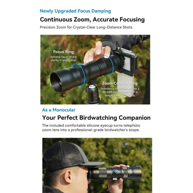 APEXEL TeleCular 3 20X-60X Zoom Lens Kit for Smartphones HD Super Telephoto Long-Range Shooting with Tripod Adapter, APL-T20-60XJJ029