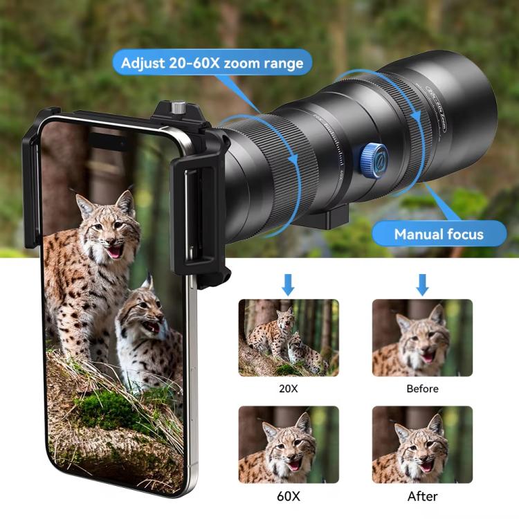 APEXEL TeleCular 3 20X-60X Zoom Lens Kit for Smartphones HD Super Telephoto Long-Range Shooting with Tripod Adapter, APL-T20-60XJJ029