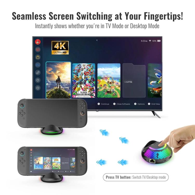 For Nintendo Switch 2 JYS 4K 60Hz TV Dock 5-In-1 HUB With Gigabit Ethernet Port RGB Ambient Lighting, JYS