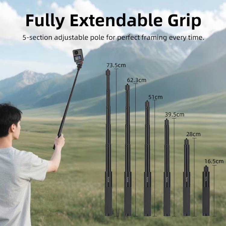 Flymile 16.5-73.5cm Mini Invisible Selfie Stick for Panoramic Cameras Anti-Shake Metal Pole Pocket-Friendly Extendable Selfie Monopod