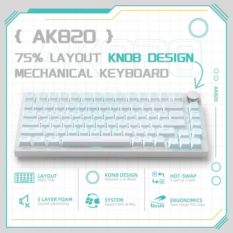Ajazz AK820 Hot Swappable Wired Mechanical Keyboard With Light, Green Switch Ice Blue Light White, Red Switch White Light Black, AS Red Switch White Light Gray White, HP Switch White Light White Gray, Sea Salt Switch RGB Purple White Blue