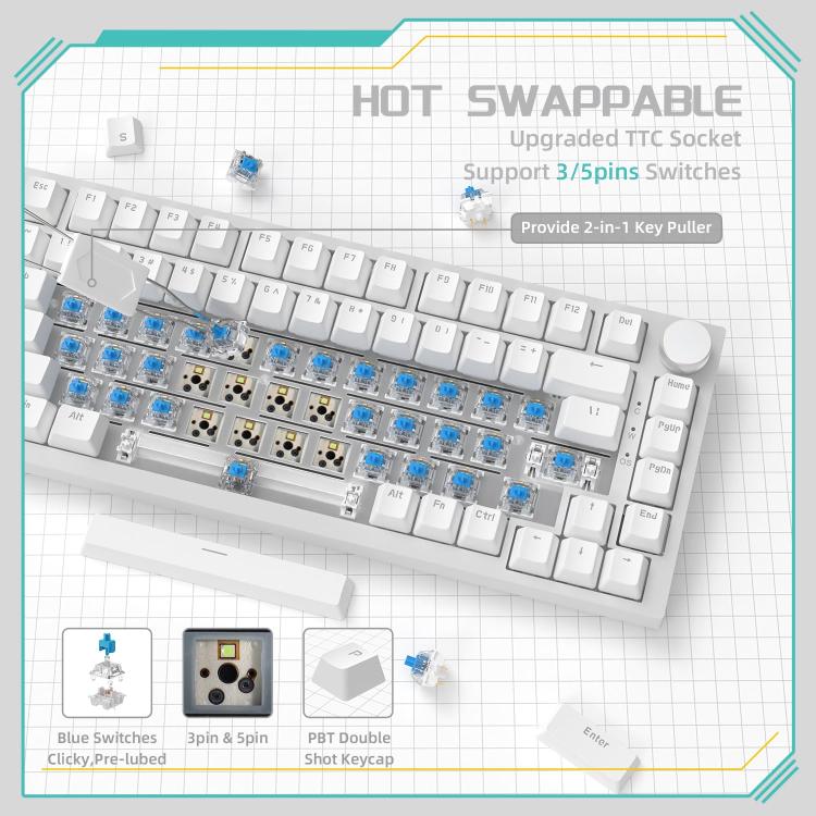 Ajazz AK820 Hot Swappable Wired Mechanical Keyboard With Light, Green Switch Ice Blue Light White, Red Switch White Light Black, AS Red Switch White Light Gray White, HP Switch White Light White Gray, Sea Salt Switch RGB Purple White Blue