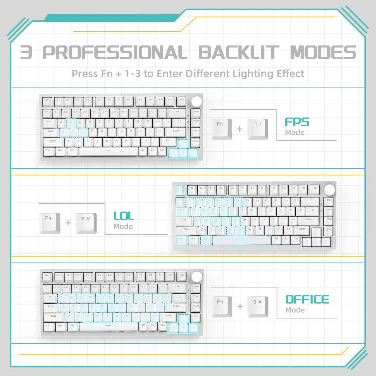 Ajazz AK820 Hot Swappable Wired Mechanical Keyboard With Light, Green Switch Ice Blue Light White, Red Switch White Light Black, AS Red Switch White Light Gray White, HP Switch White Light White Gray, Sea Salt Switch RGB Purple White Blue