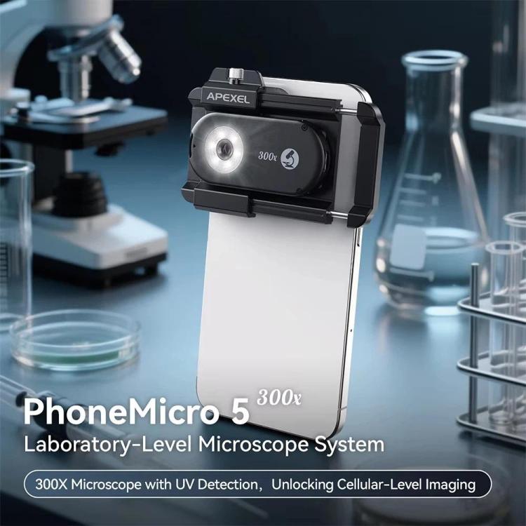 APEXEL PhoneMicro 5 Smartphone Microscope 300X Dual-Light Microscopic + UV, Multi-Mode Lighting, APL-MS300