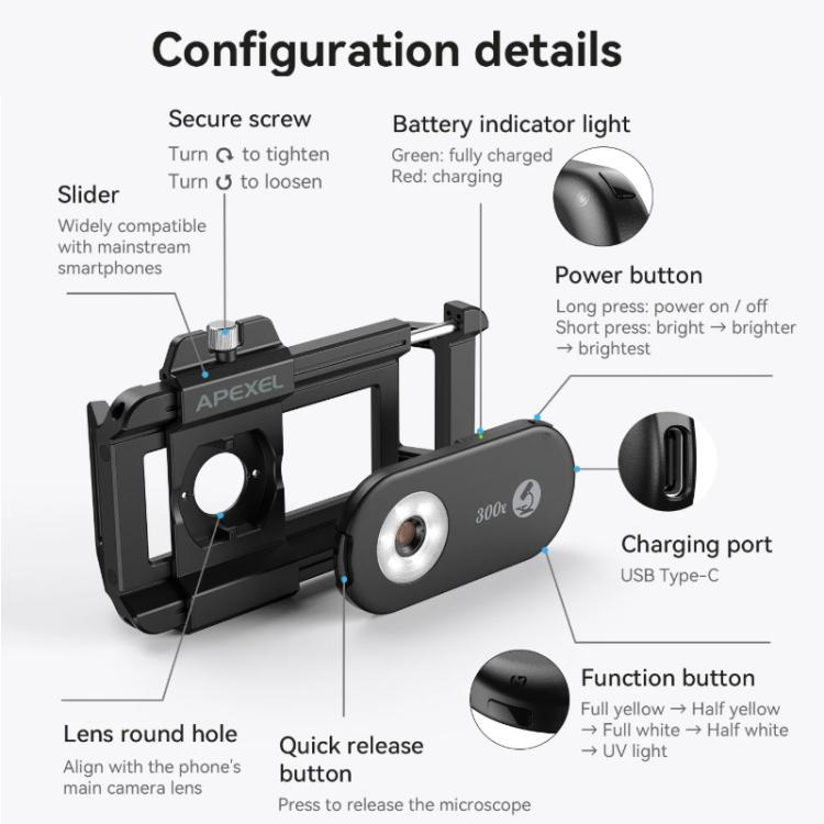 APEXEL PhoneMicro 5 Smartphone Microscope 300X Dual-Light Microscopic + UV, Multi-Mode Lighting, APL-MS300