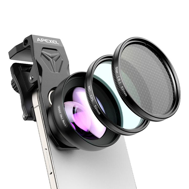 APEXEL HB100U Macro Lens Kit with 52MM CPL & Star Filter for Smartphones 3-in-1 Phone Camera Lens Set, APL-HB100U52MM