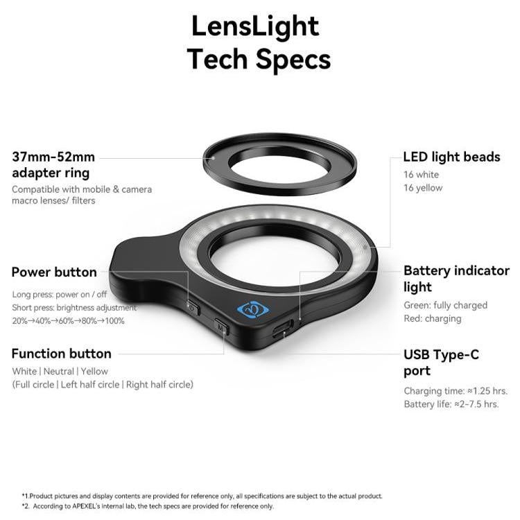 APEXEL HB100 Ultra Macro Lens & FL26 Fill Light Combo for Smartphones Close-Up Photography Kit, APL-HB100UFL26