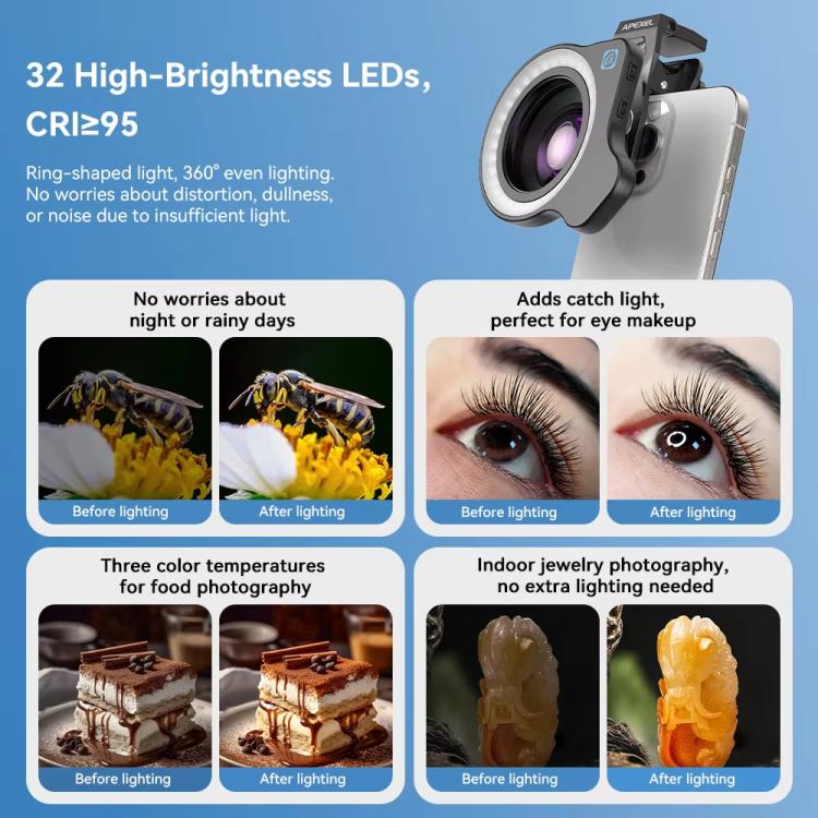 APEXEL HB100 Ultra Macro Lens & FL26 Fill Light Combo for Smartphones Close-Up Photography Kit, APL-HB100UFL26