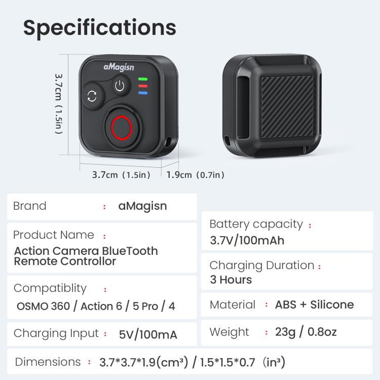 aMagisn Bluetooth Remote Shutter for DJI Osmo Action 6/Action 5 Pro/Action 4/Osmo 360, For DJI Osmo Action 50m