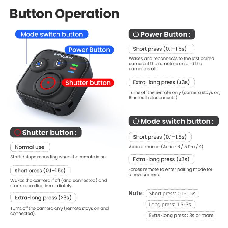 aMagisn Bluetooth Remote Shutter for DJI Osmo Action 6/Action 5 Pro/Action 4/Osmo 360, For DJI Osmo Action 50m